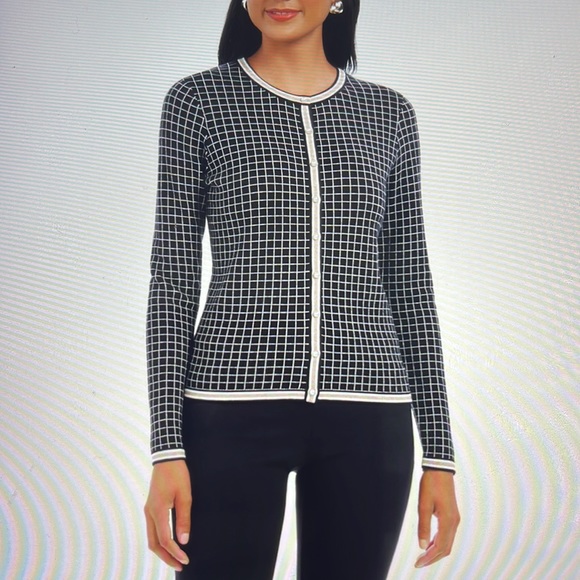 Charter Club Black Women’s Plaid Cardigan Sweater Faux Pearl Buttons Size L - Picture 1 of 15